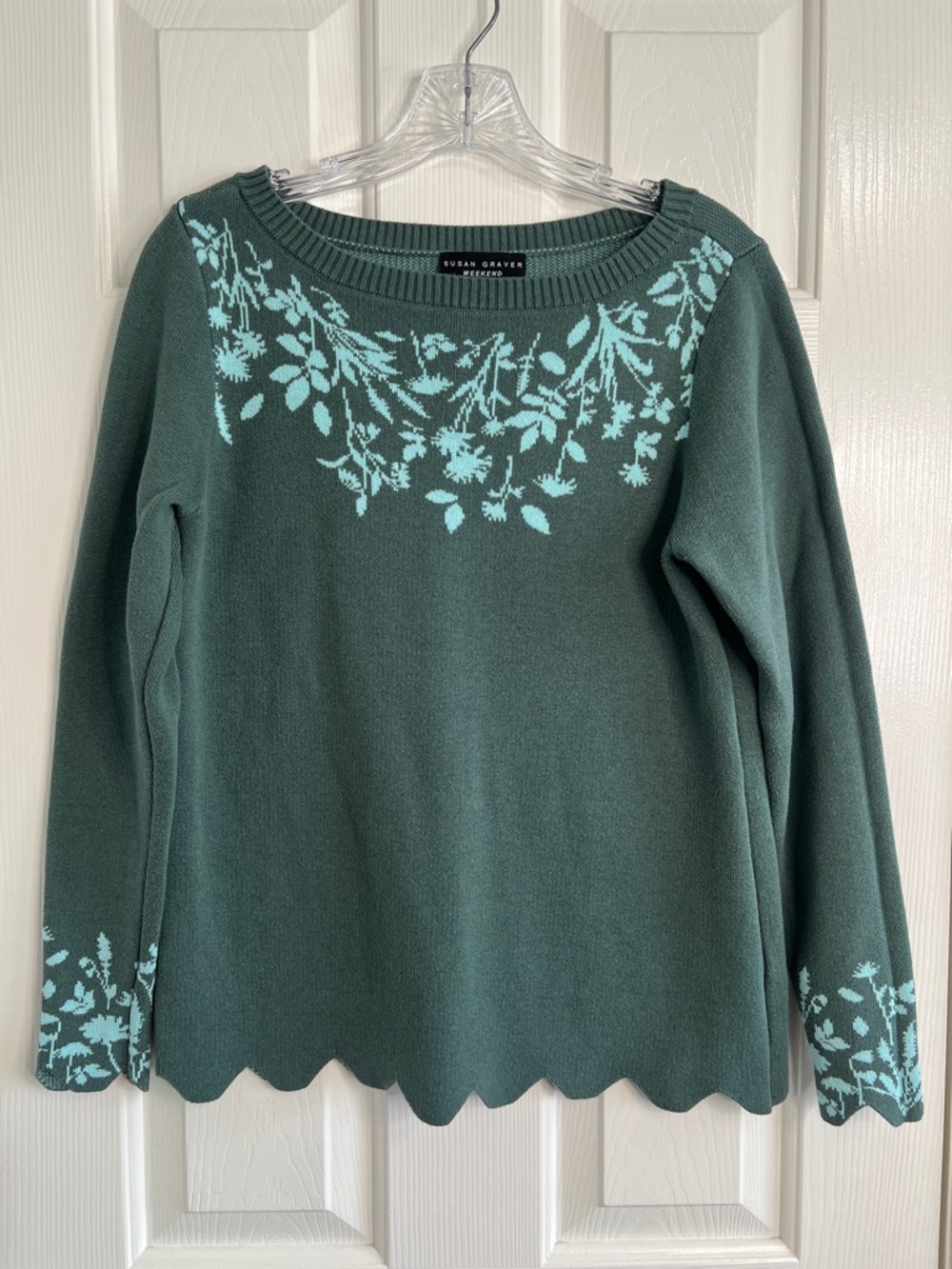 Susan Graver boatneck jacquard sweater small green teal blue floral scallop hem